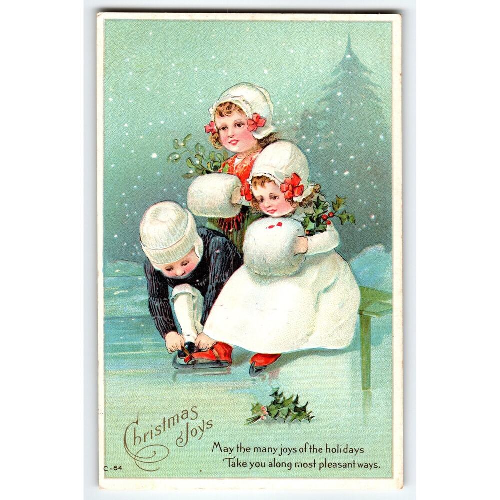 Vintage Christmas Joys Postcard Children Ice Skating Snow Scene Muffs Henderson